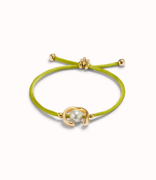 Pulsera de hilo lima con perla shell fornitura bañada en oro 18k.